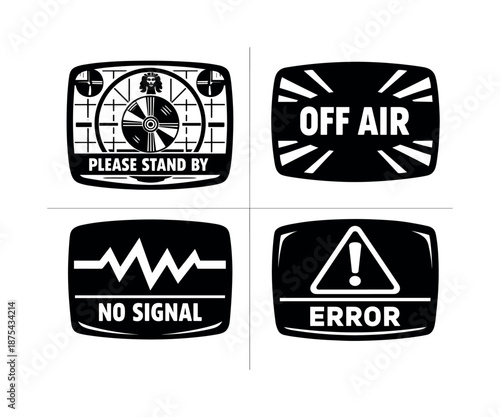 Retro tv screen vector icons set: vintage, static, off air, error, no signal