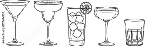Black and white line art illustration depicting a collection of five essential cocktail and drink serving glassware types for bar service and mixology design projects