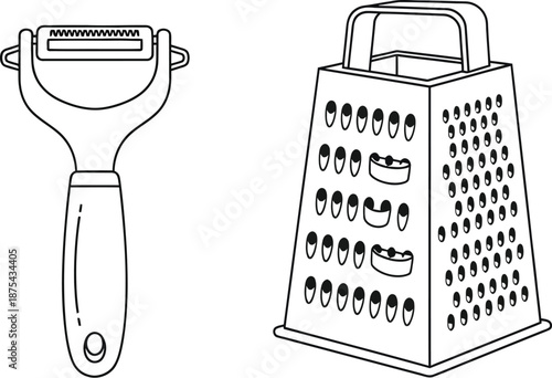 Black and white line art illustration featuring essential kitchen tools like a handheld vegetable peeler alongside a classic four-sided box grater ready for food preparation tasks.