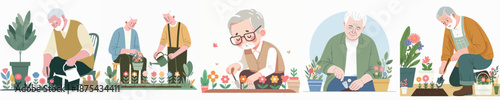 A Elderly Man Planting Flowers Vector Illustration