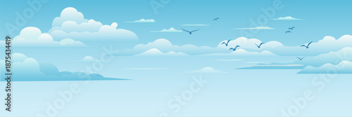 Vector drawing of sky with white clouds, bird flock, cartoon illustration, natural background