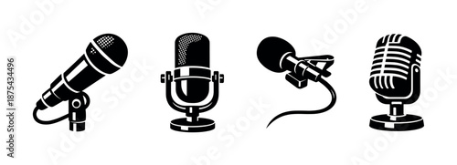 Microphone vector icons set: retro, modern, audio equipment, recording symbols