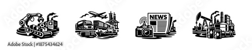 Industrial and technology elements vector icons set - machinery, transport, energy