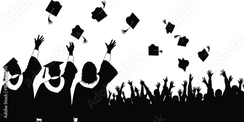 Graduation celebration silhouette with students throwing caps in air, joyful crowd, academic success, university achievement, festive black and white vector