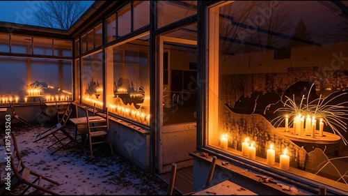 Evening scene inside room with windows and candle lights decoration