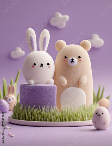 Cute 3D Easter Rabbit and Bear Figures Sitting on Green Grass Against Purple Background with Soft Clouds, Whimsical Holiday Decoration Concept