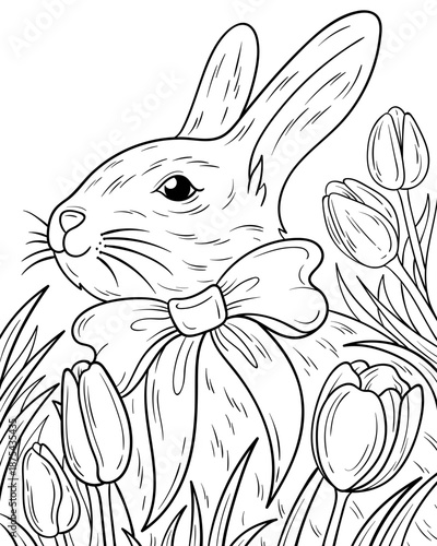 Easter bunny portrait with a bow coloring page, cute bunny wearing a coquette bow sits among tulips and grass, Easter rabbit seasonal black and white illustration, festive line drawing