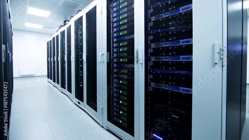 A server room with rows of enclosed racks, lit with green and blue lights, reflecting in the floor