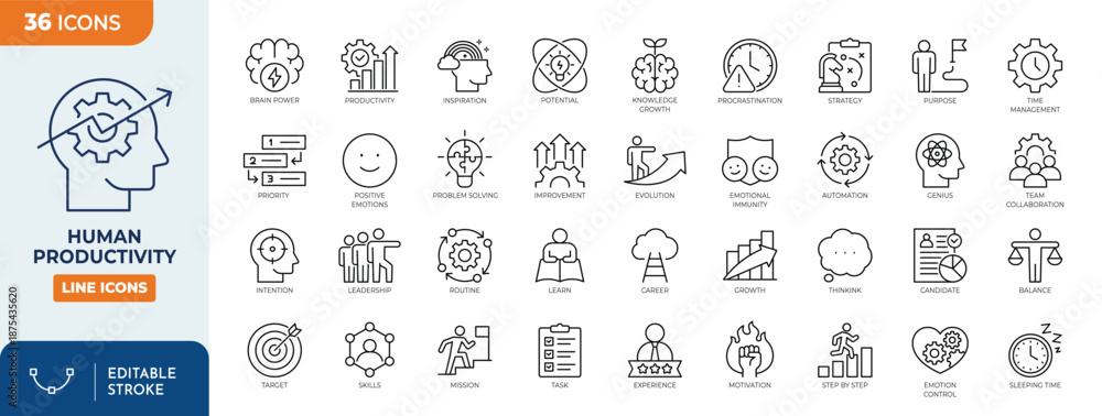 Obraz premium Human productivity line editable icon set. Containing Productivity, efficiency, task, focus, target, growth, routine, and more. Editable stroke. Vector illustration