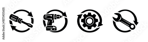 Tools vector icons set with gear, drill, and wrench symbols for repair and maintenance