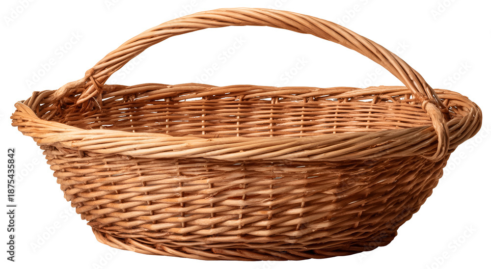 Obraz premium Close-up studio shot of a woven wicker basket with an arched handle and oval shape