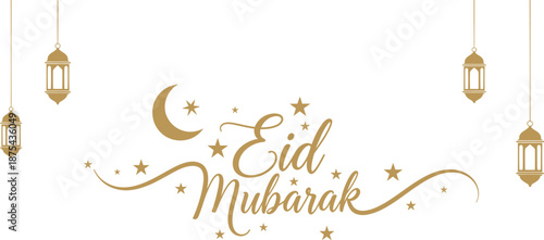 Elegant golden eid mubarak vector calligraphy / typographic celebrating the holiday, featuring moon and lanterns on a clean white background.