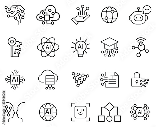 Collation of artificial intelligence icons. Containing as artificial, guidelines, ethical dilemma, machine learning bias detection, transparency, explainable AI and more. Vector illustration.