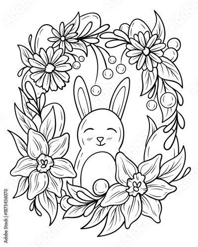 Cute Easter bunny in a flower wreath coloring page, smiling bunny sits among daisy flowers and daffodils, Easter rabbit cartoon black and white illustration, festive line drawing