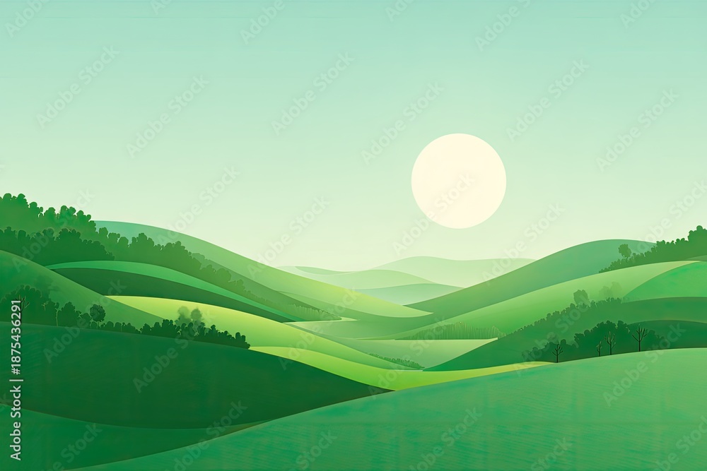 Obraz premium A serene landscape with rolling green hills under a soft, glowing sun in the sky