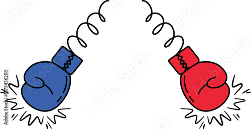 Red boxing glove punching cartoon explosion, vector illustration of action, strength, and fight concept on transparent background.