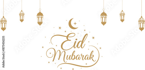 Festive golden eid mubarak calligraphic featuring hanging traditional lanterns, isolated in a clean vector style.