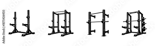 Gym equipment vector icons set: squat rack, power rack, home gym essentials