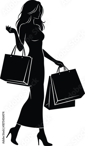 Elegant fashion woman silhouette carrying shopping bags vector illustration for luxury retail, lifestyle, consumerism, boutique marketing design branding, advertising, poster