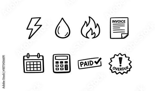 Hand-drawn icons representing utility bills, payments, and financial management