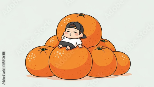 Little Boy Relaxing on Giant Oranges