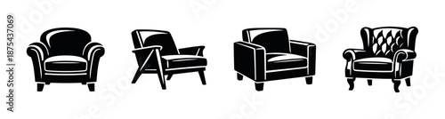 Armchair vector icons set: stylish, modern, classic furniture silhouettes