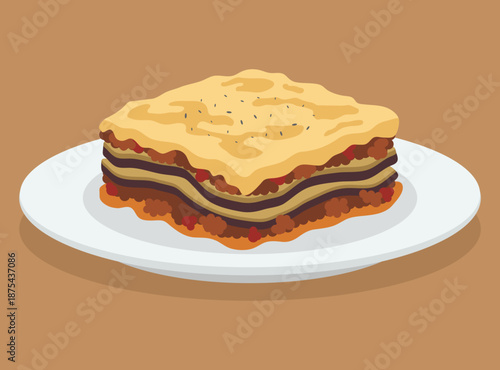 traditional Greek moussaka on a white plate. Features layers of roasted eggplant, savory meat sauce, and a thick bechamel topping