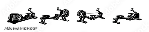 Gym equipment vector icons set: rowing machines, exercise devices, fitness tools