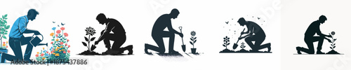 A Silhoutte Man Planting Flowers Vector Illustration