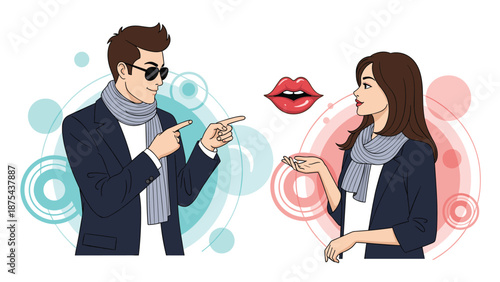 Stylish man and woman talking and gesturing, with a floating lips icon between them symbolizing speech or a kiss.