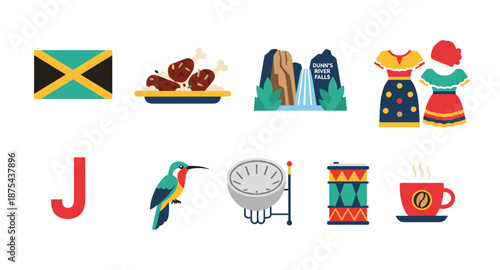 Jamaica travel icons: flag, food, waterfall, clothing, bird, music, coffee