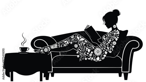 Elegant silhouette of a woman with a floral pattern on her skin, relaxing and reading a book on a chaise lounge.