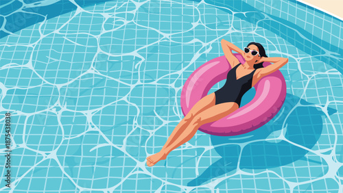 Relaxed woman in a black swimsuit and sunglasses floating on a pink inflatable ring in a clear blue swimming pool.