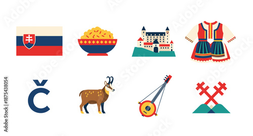 Slovak national symbols and cultural icons in a flat design illustration