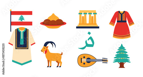 Lebanon cultural symbols collection: flag, food, clothing, architecture, nature, and music
