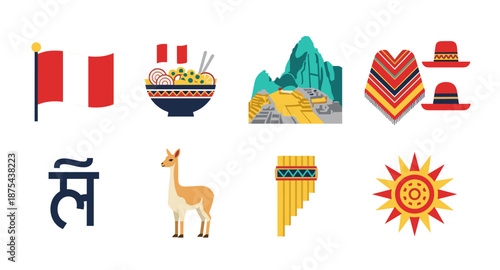Collection of Peruvian cultural icons including flag, food, Machu Picchu, and llama