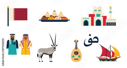 Qatar national symbols and cultural icons in flat design style
