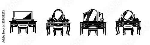 Vanity desk vector icons set with mirror, makeup station illustrations, dresser styles