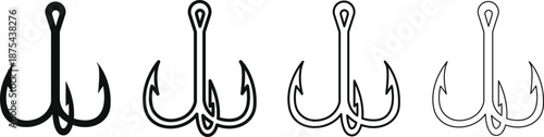 Triple fishing hook vector icons set showing bold, outline, and silhouette styles, Vector Illustration.