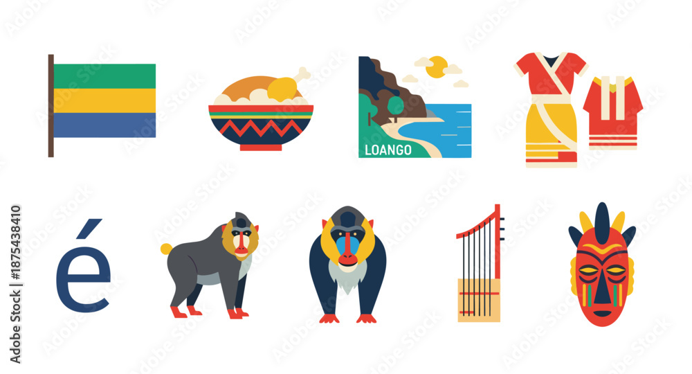 Fototapeta premium Gabon cultural symbols and landmarks, a collection of flat design icons