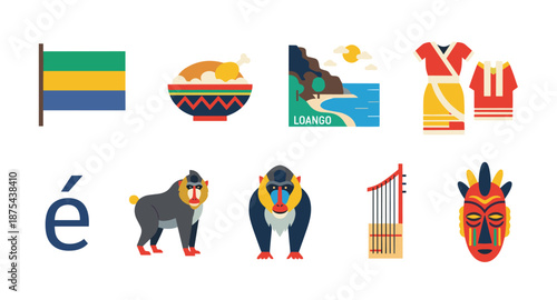 Gabon cultural symbols and landmarks, a collection of flat design icons