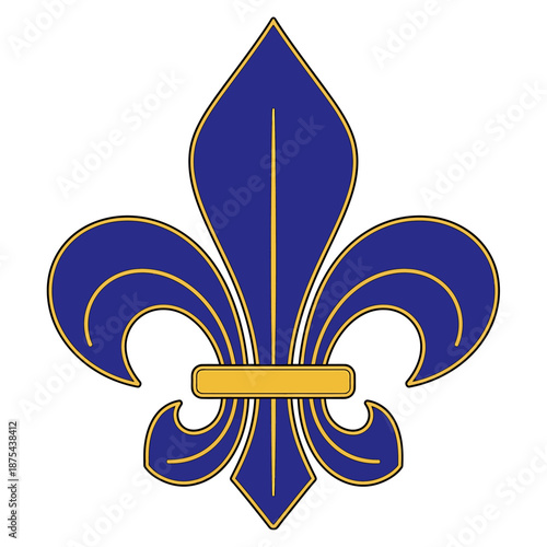 A blue fleur-de-lis symbol with gold accents on a plain background viewed from directly above.