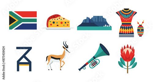 South Africa Icons: Flag, Food, Landmark, Culture, Wildlife, Music, and Flora