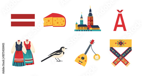 Latvian cultural symbols and landmarks collection, a vibrant illustration