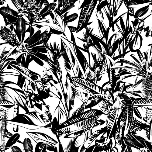 Seamless pattern with green leaves and red flowers. Heliconia isolated on a green background. Tropical houseplants. 