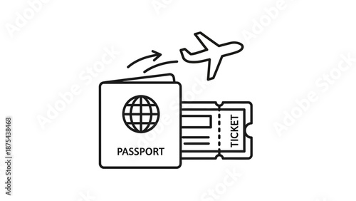 Airplane ticket and passport with flight path, travel and vacation concept icon