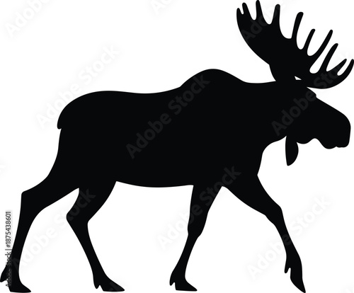 Silhouette, moose, walking, profile, black, antlers, animal, nature, wildlife, posture, mammal, forest, shape, icon, design, stance, snout, legs, outdoors, minimalist, motion
