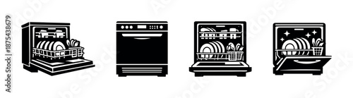 Dishwasher vector icons set: modern kitchen appliance symbols, cleaning technology