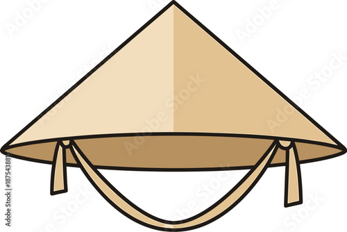 A traditional conical hat with chin straps, illustration of a cultural headwear, Asian style, isolated on a simple background