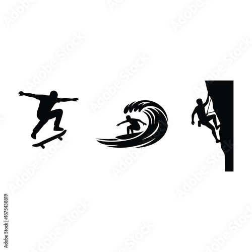 Extreme Sports Silhouette Pack Vector, Skateboarding Surfing Climbing EPS